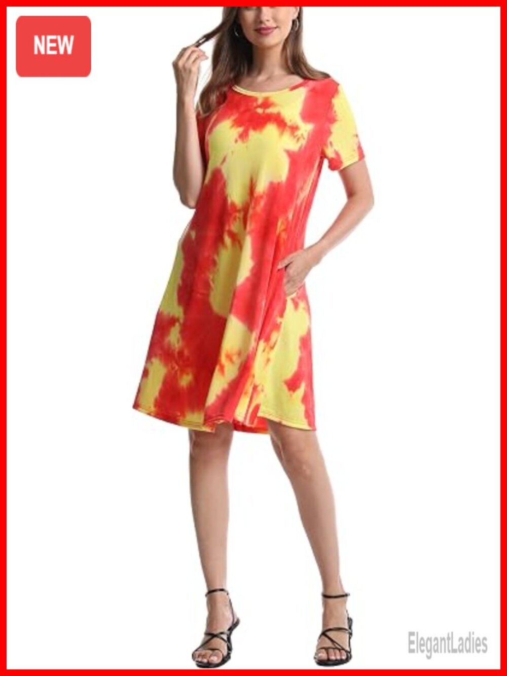 Women's Casual Crewneck Short Sleeve Swing Dress with Pockets